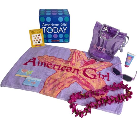 American Girl Beach Accessories II Towel Backpack Sunglasses Flower Lei Box Vtg